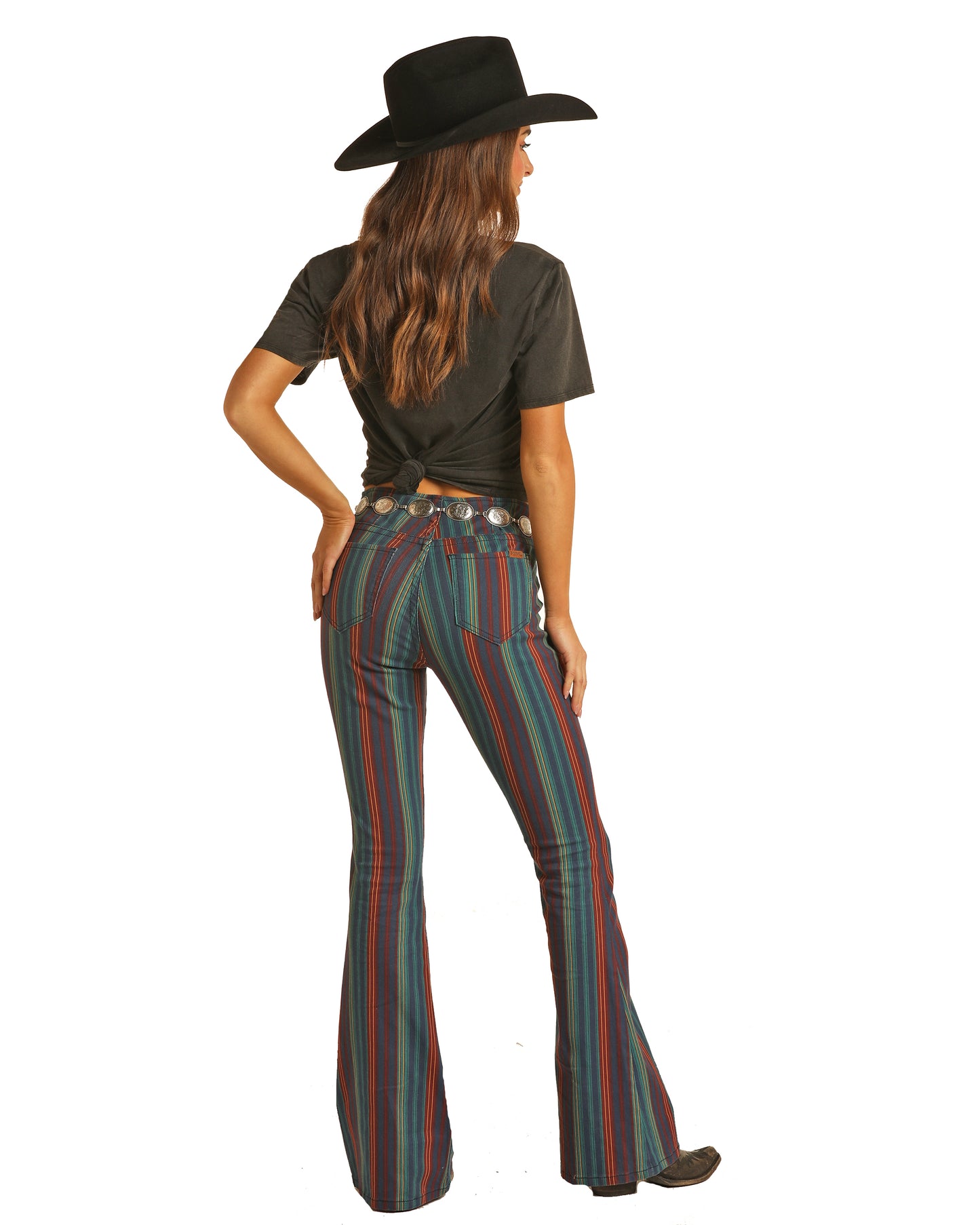 Rock & Roll Cowgirl Women's Extra Stretch Bargain Bell High Rise Green&Burgundy Stripe Pull On Flare Jeans Evergreen