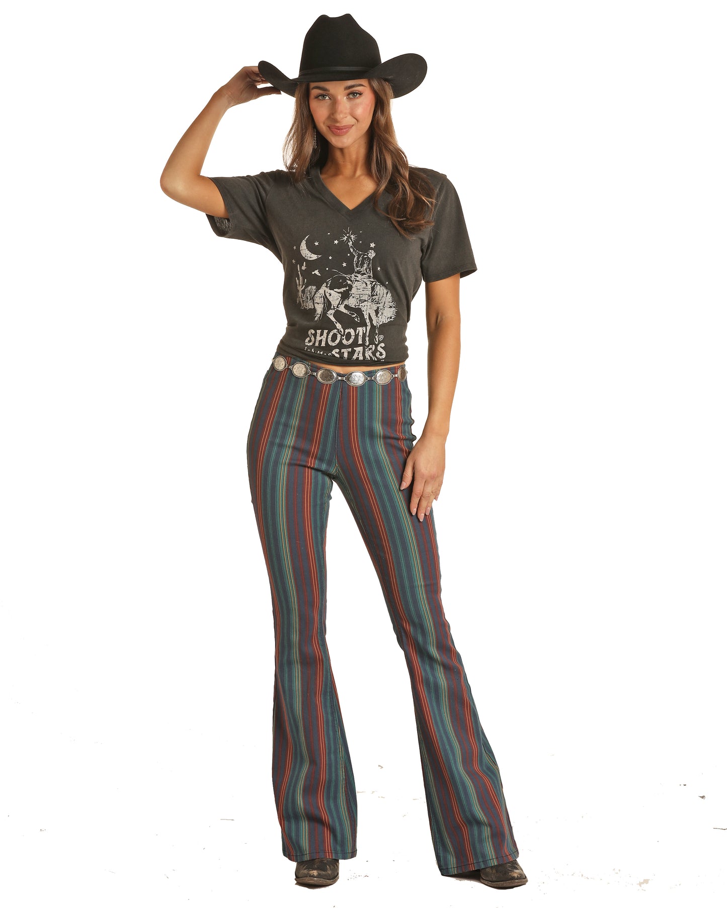 Rock & Roll Cowgirl Women's Extra Stretch Bargain Bell High Rise Green&Burgundy Stripe Pull On Flare Jeans Evergreen