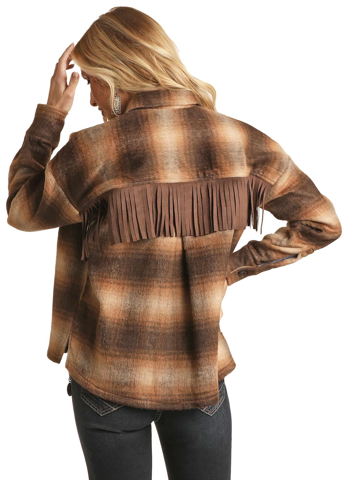 Rock & Roll Cowgirl Women's Shirt Jacket With Fringe Dark Brown