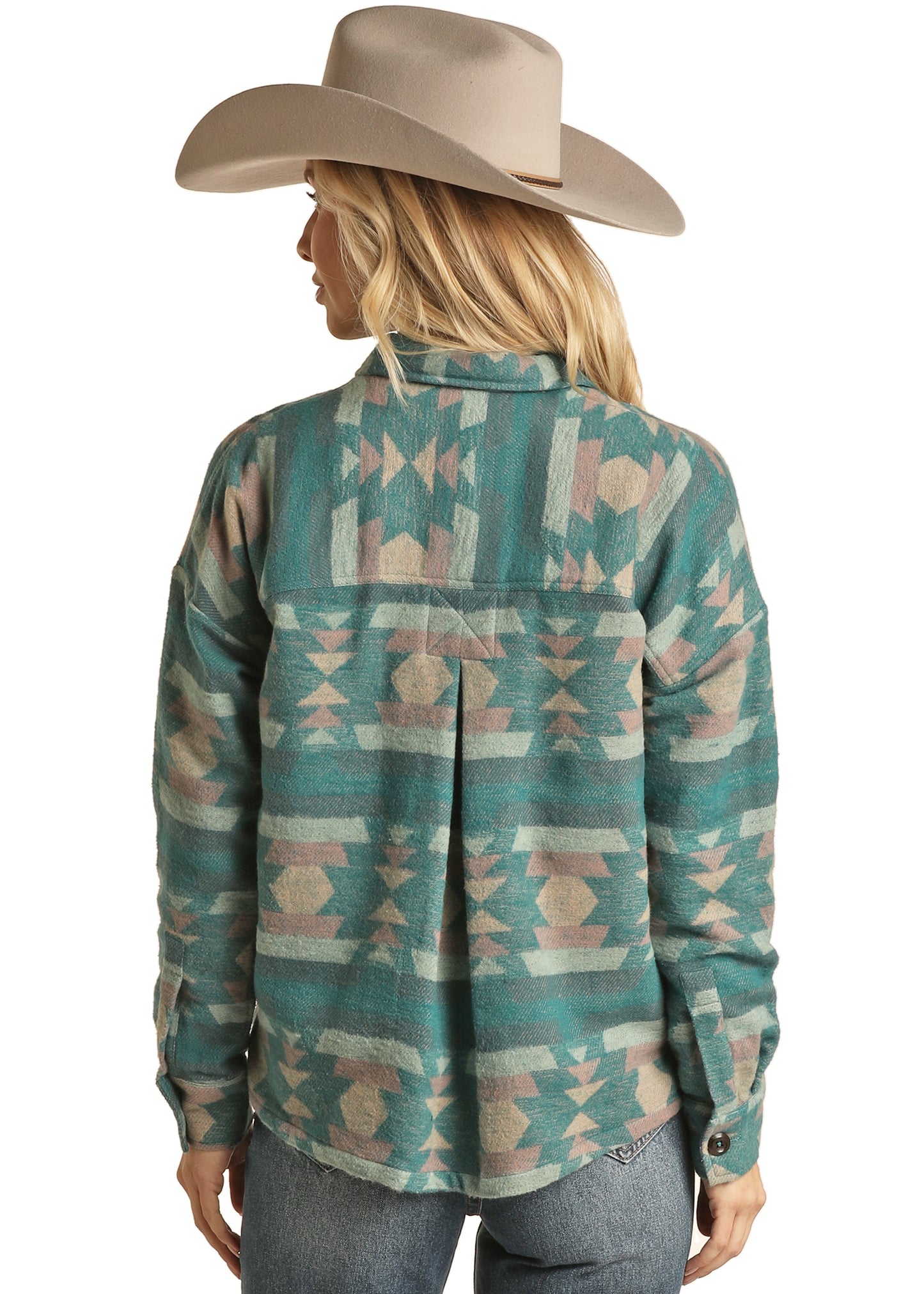 Rock & Roll Cowgirl Women's Boxy Fit Shirt Jacket Teal