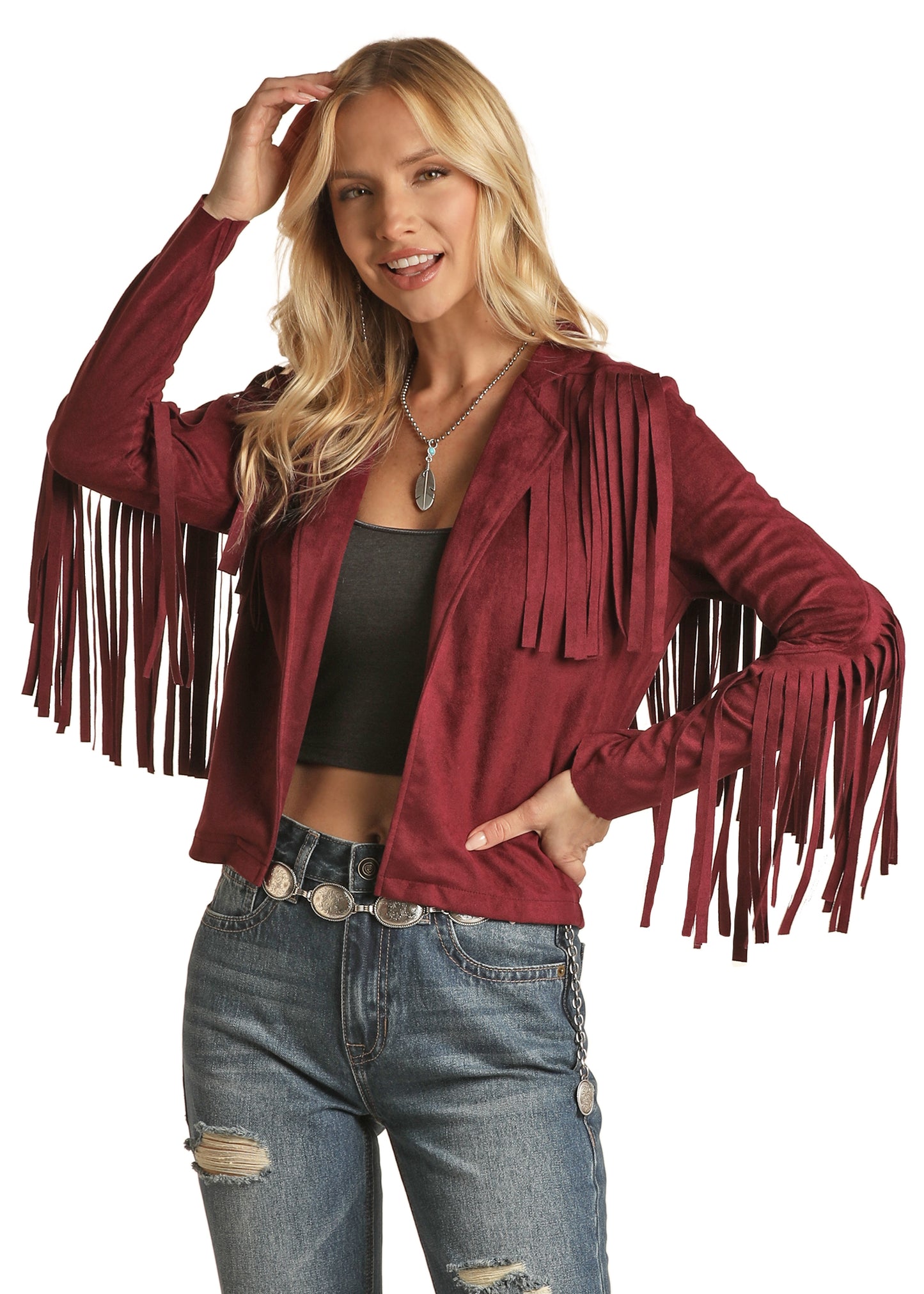 Rock & Roll Cowgirl Women's Micro Suede Jacket with Fringe Maroon