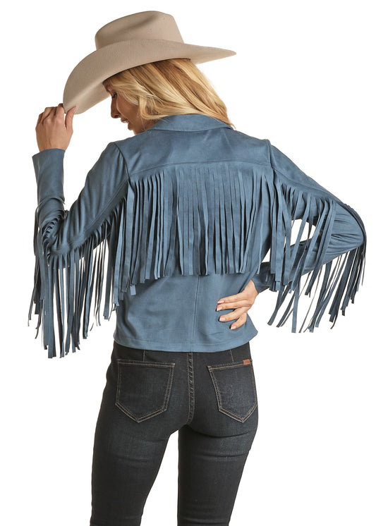 Rock & Roll Cowgirl Women's Micro Suede Jacket with Fringe Blue