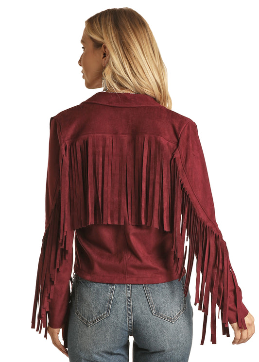 Rock & Roll Cowgirl Women's Micro Suede Jacket with Fringe Maroon