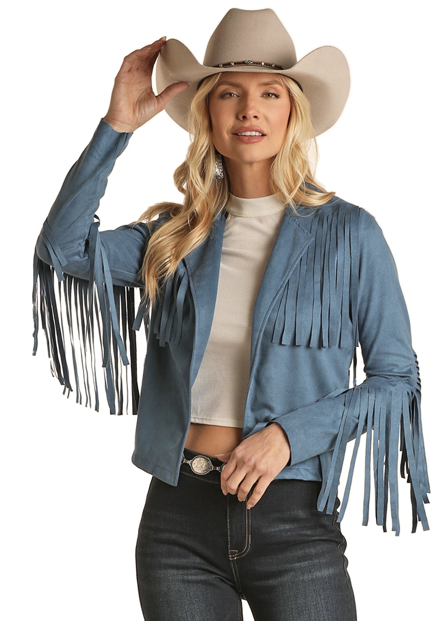 Rock & Roll Cowgirl Women's Micro Suede Jacket with Fringe Blue
