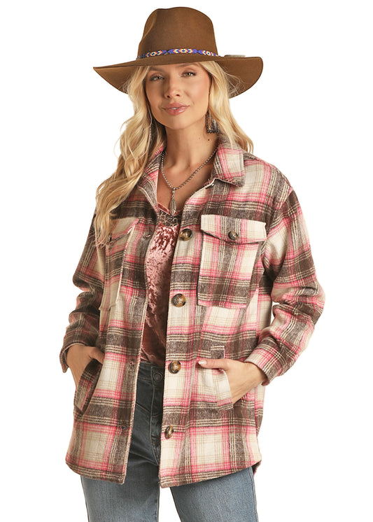 Rock & Roll Cowgirl Women's Buttoned Plaid Coat Natural