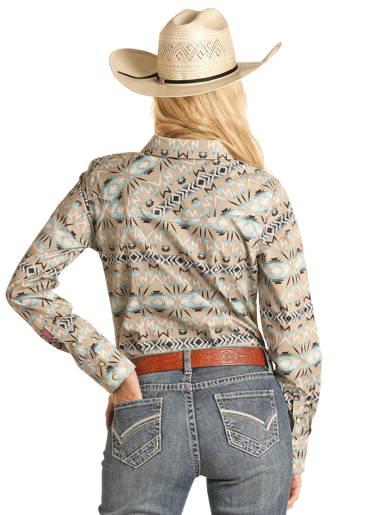 Rock & Roll Cowgirl Women's Aztec Print Long Sleeve Snap Shirt Teal