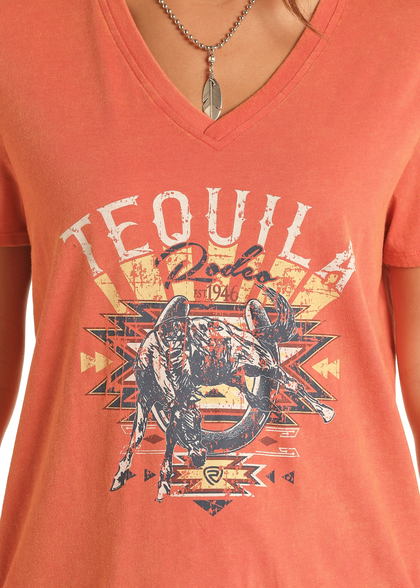 Rock & Roll Cowgirl Women's Tequila Vneck Tee Burnt Orange