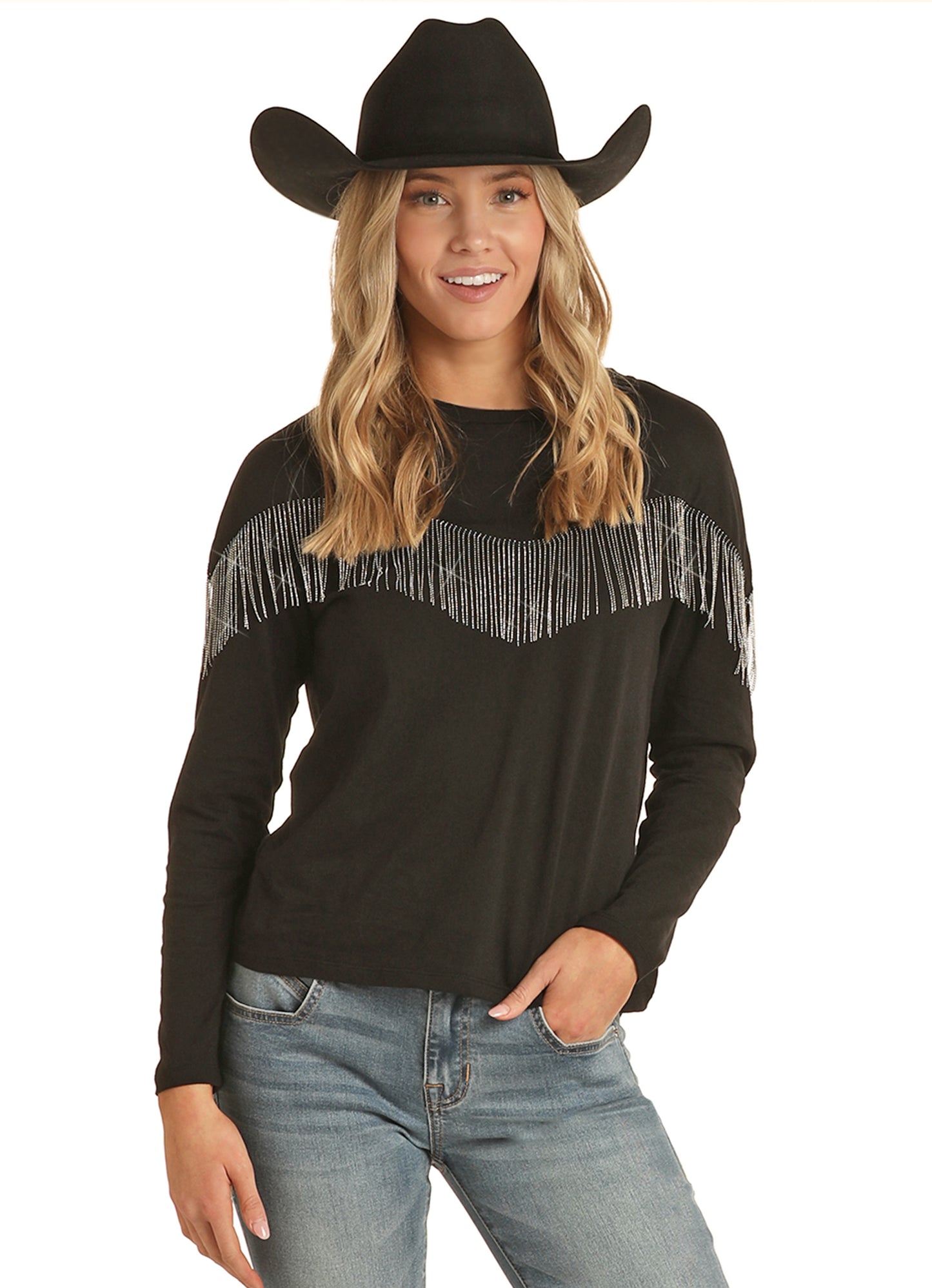 Rock & Roll Cowgirl Women's Long Sleeve With Ball Chain Fringe Tee Black