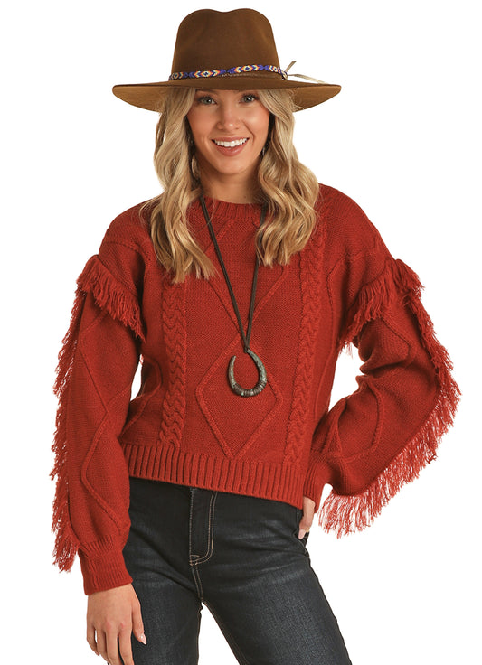 Rock & Roll Cowgirl Women's Fringe On Sleeves Sweater Rust