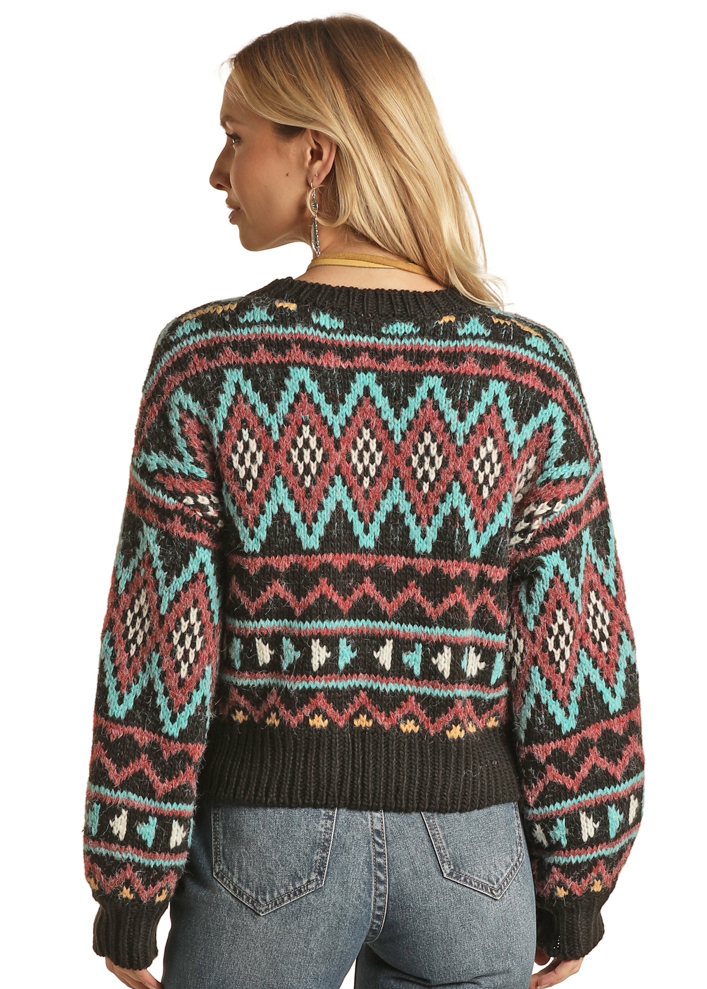 Rock & Roll Cowgirl Women's Cardigan With Aztec Design Bright Turquoise