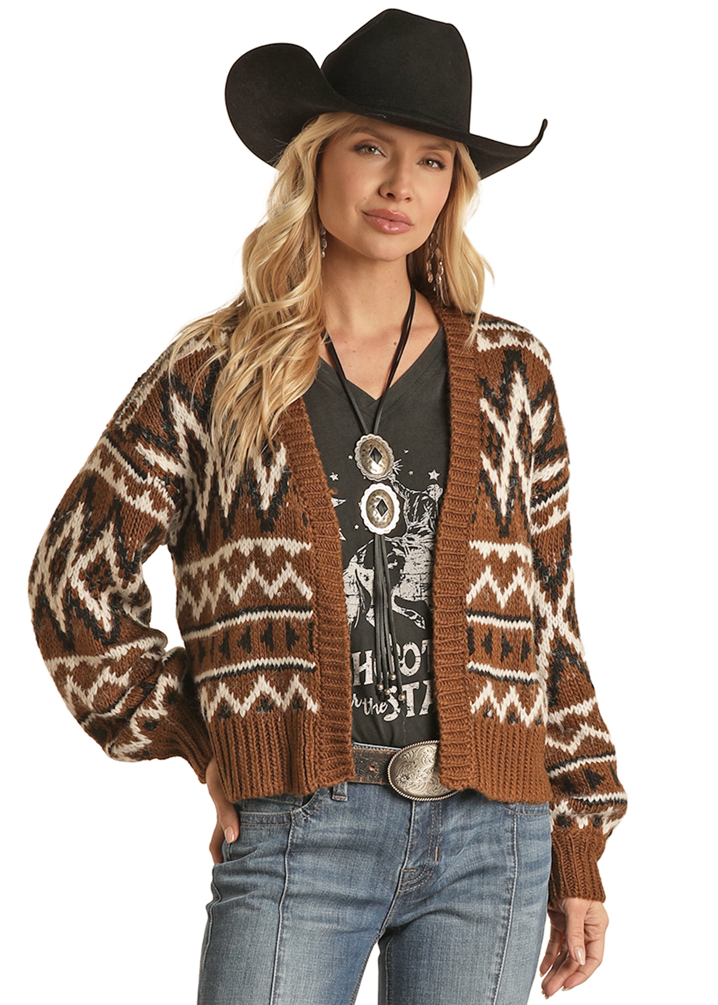 Rock & Roll Cowgirl Women's Cardigan With Aztec Design Bright Turquoise