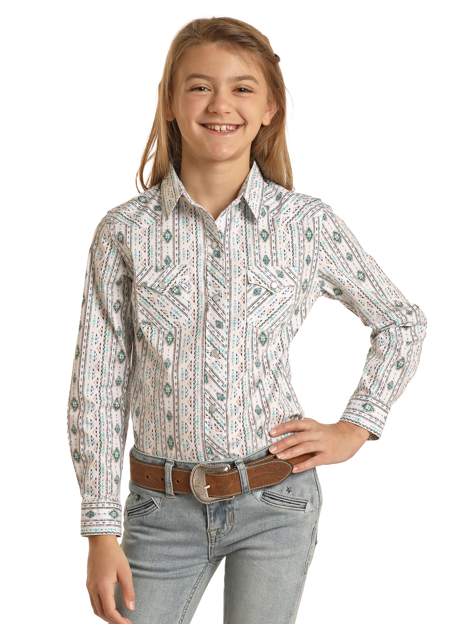 Rock & Roll Panhandle Rough Stock Girl's 2 Pocket Aztec Print Long Sleeve Snap Shirt Turquoise