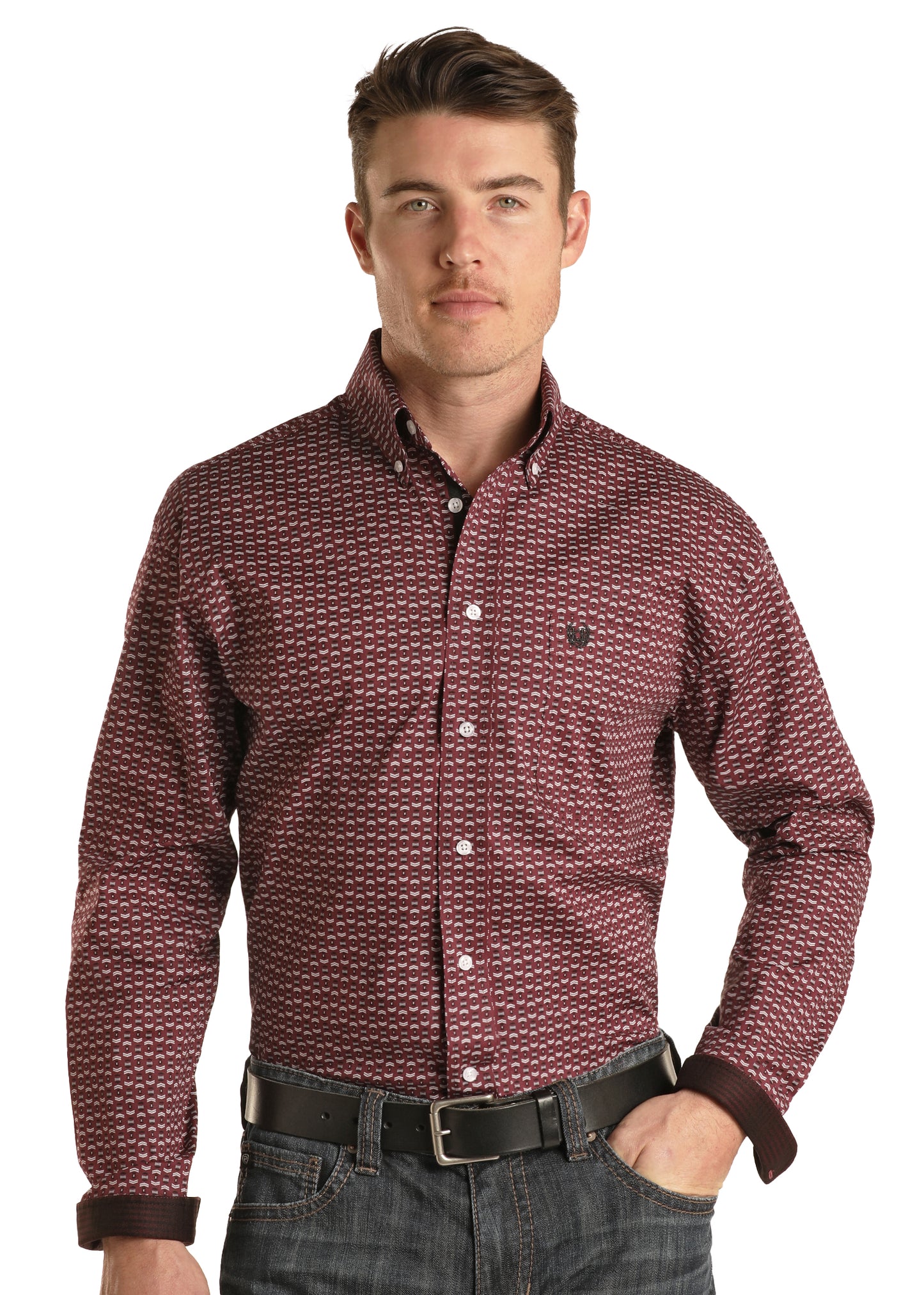 Rock & Roll Panhandle Men's Regular Fit Stretch Geo Shirt Button Burgundy