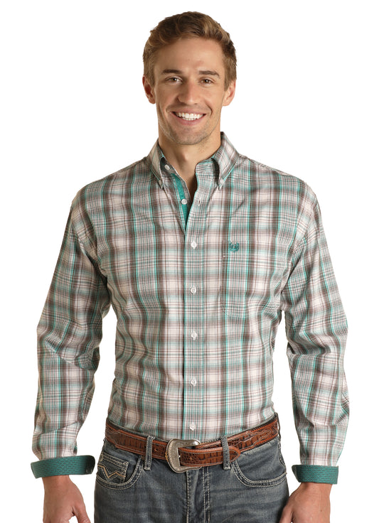 Rock & Roll Panhandle Rough Stock Men's 1 Pocket Plaid Long Sleeve Snap Shirt Turquoise