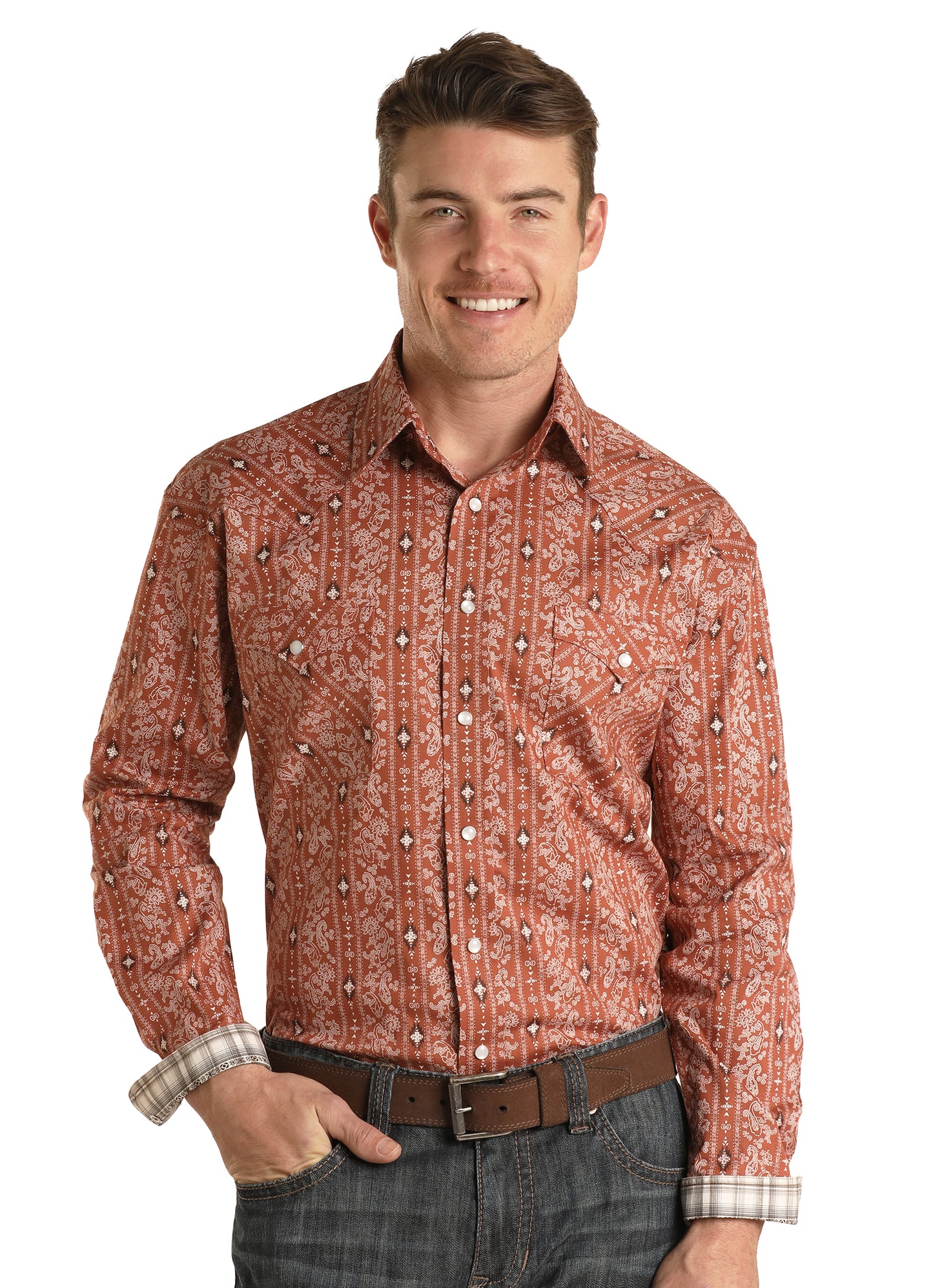 Rock & Roll Panhandle Men's Aztec Print Snap Shirt Rust