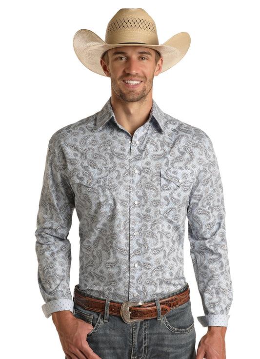 Rock & Roll Panhandle Rough Stock Men's 2 Pocket Long Sleeve Snap Shirt Blue