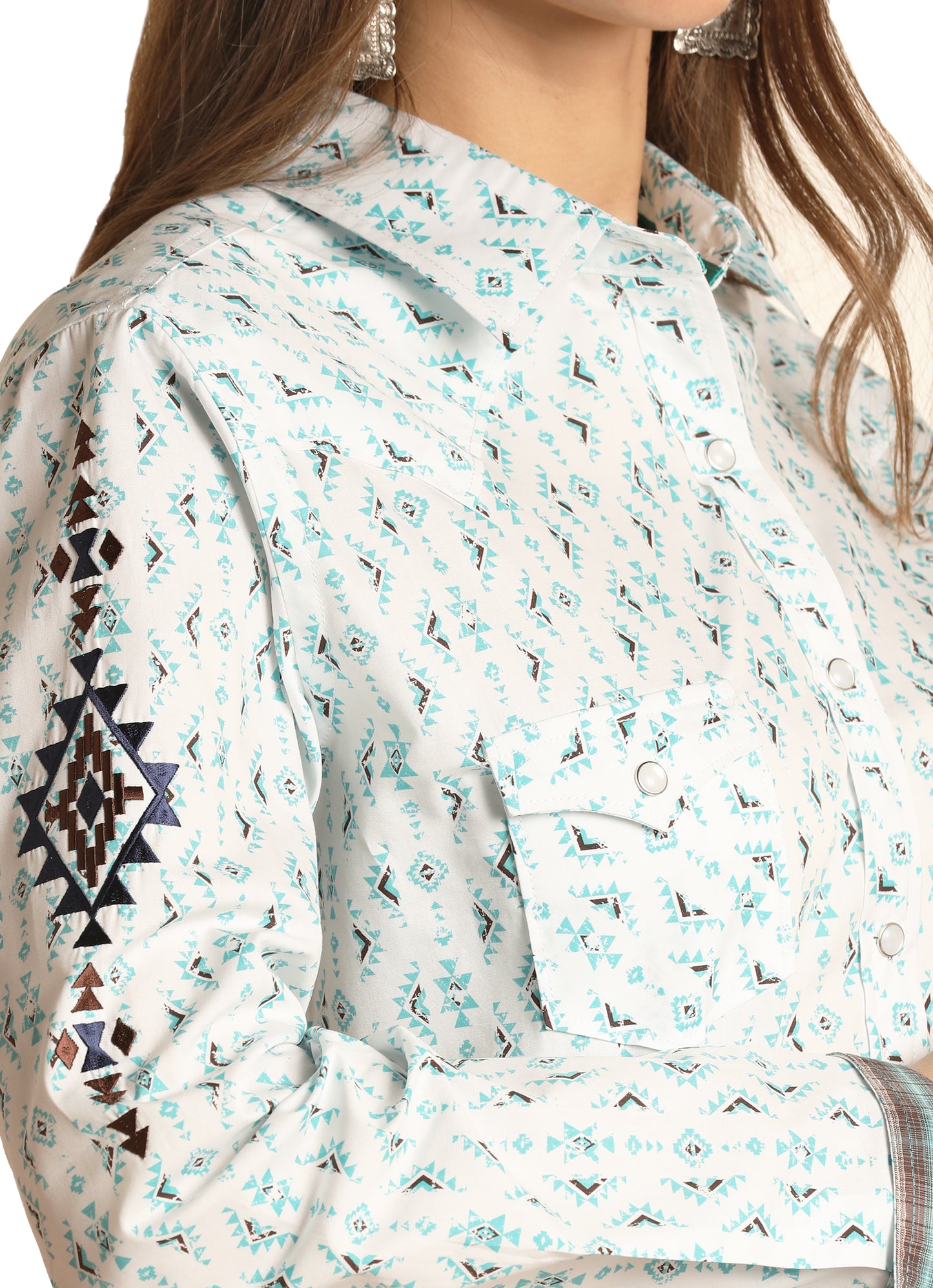 Rock & Roll Panhandle Women's Aztec Stripe Print Long Sleeve Snap Shirt Turquoise
