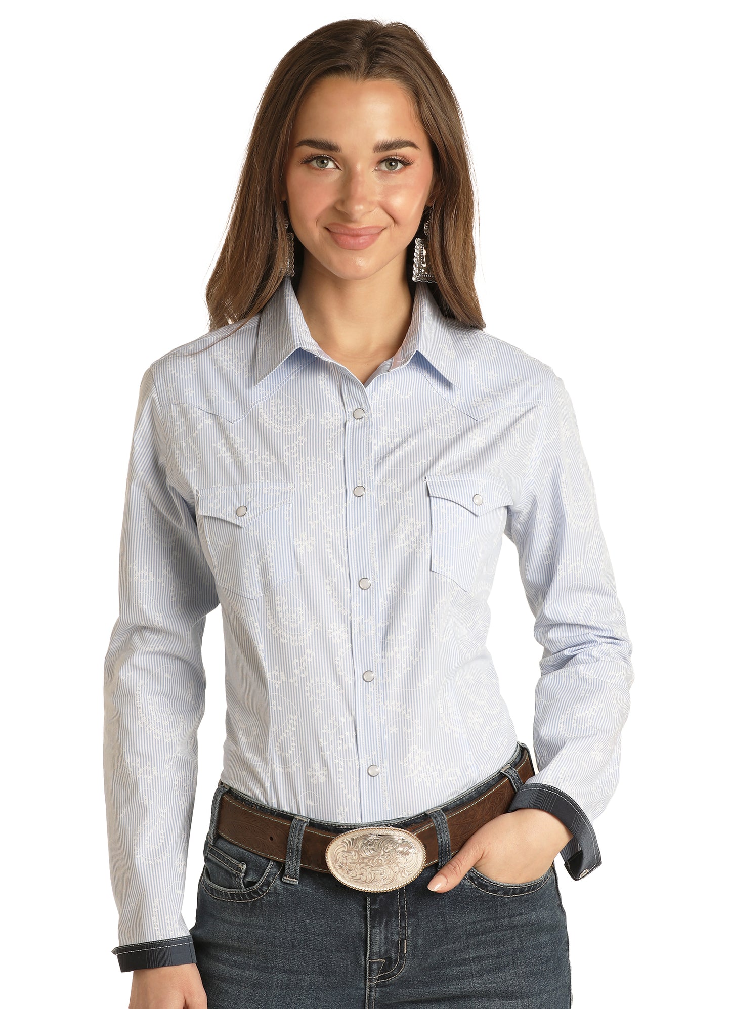 Rock & Roll Panhandle Women's Stripe With Paisley Over Print Long Sleeve Snap Shirt Baby Blue