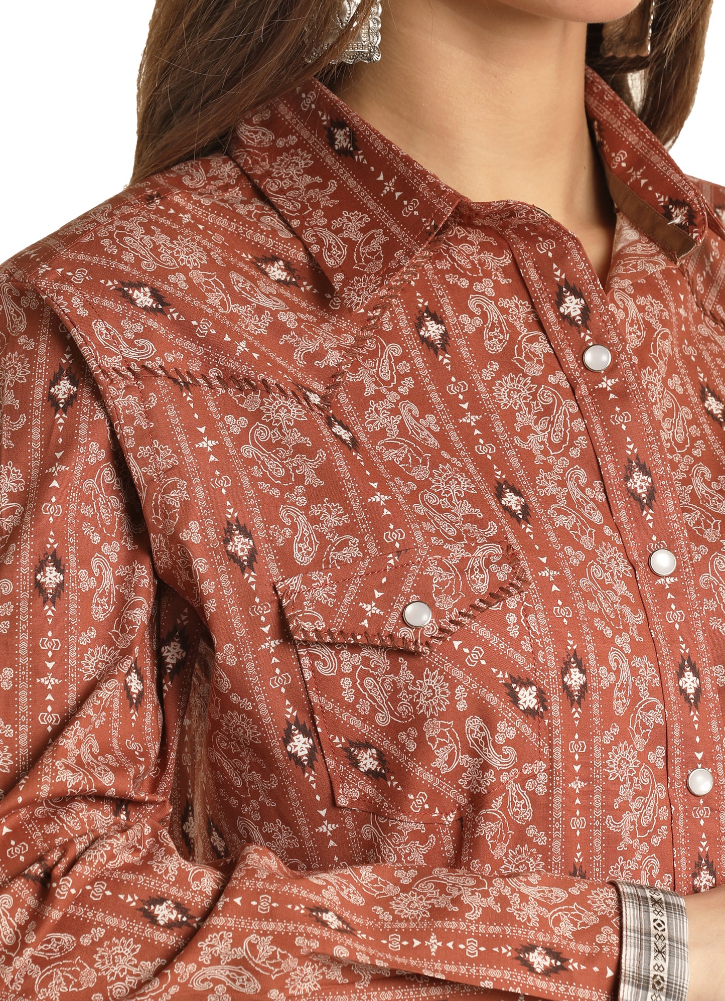 Rock & Roll Panhandle Women's Wallpaper Stripe Print Long Sleeve Snap Shirt Rust
