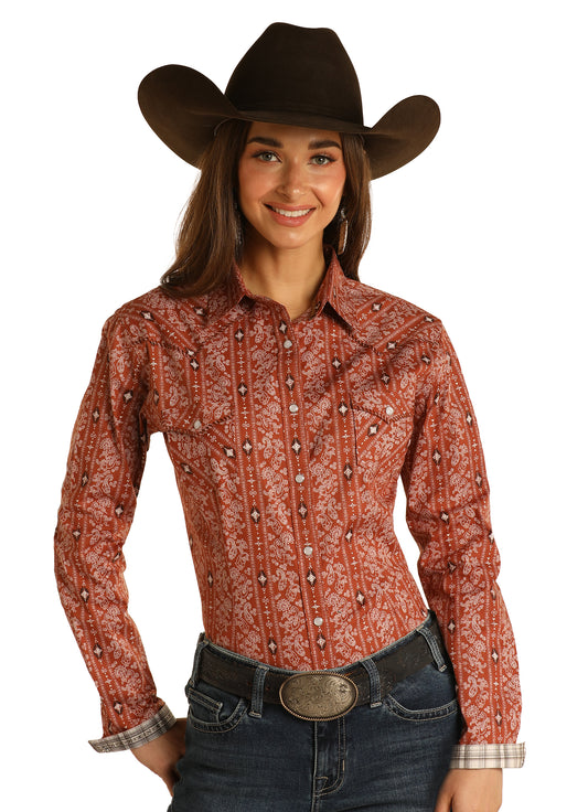 Rock & Roll Panhandle Women's Wallpaper Stripe Print Long Sleeve Snap Shirt Rust