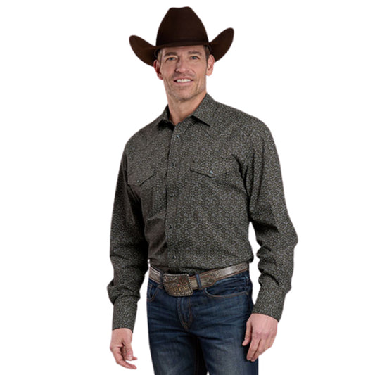 Roper Men's Long Sleeve Snap Olive Floral Print Grey Western Shirt