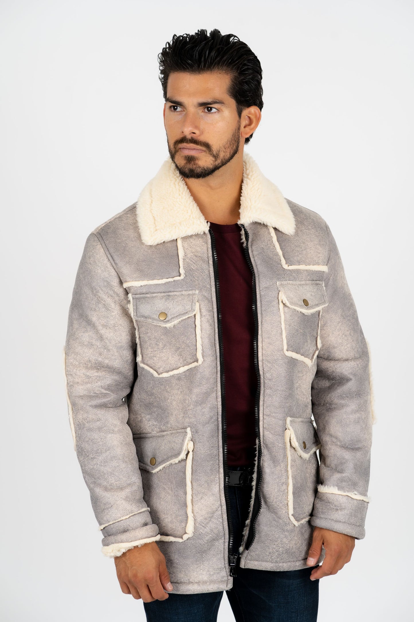 Platini Men's Brown Suede Jacket W/ Faux Shearling-lined Beige