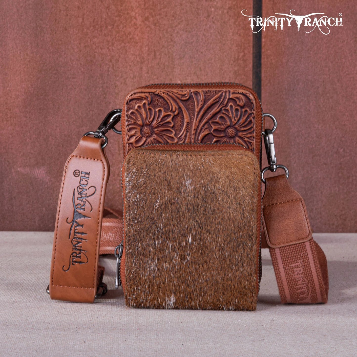 Trinity Ranch Genuine Hair-on Cowhide /tooled Collection Phone Purse With Coin Pouch Brown