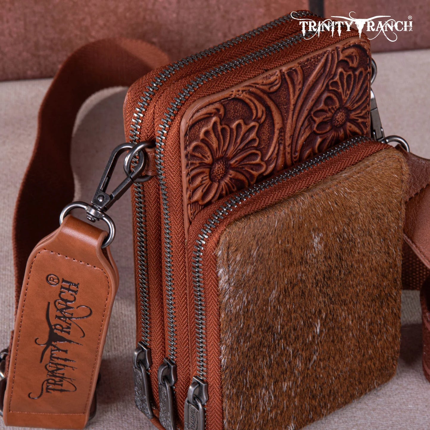 Trinity Ranch Genuine Hair-on Cowhide /tooled Collection Phone Purse With Coin Pouch Brown