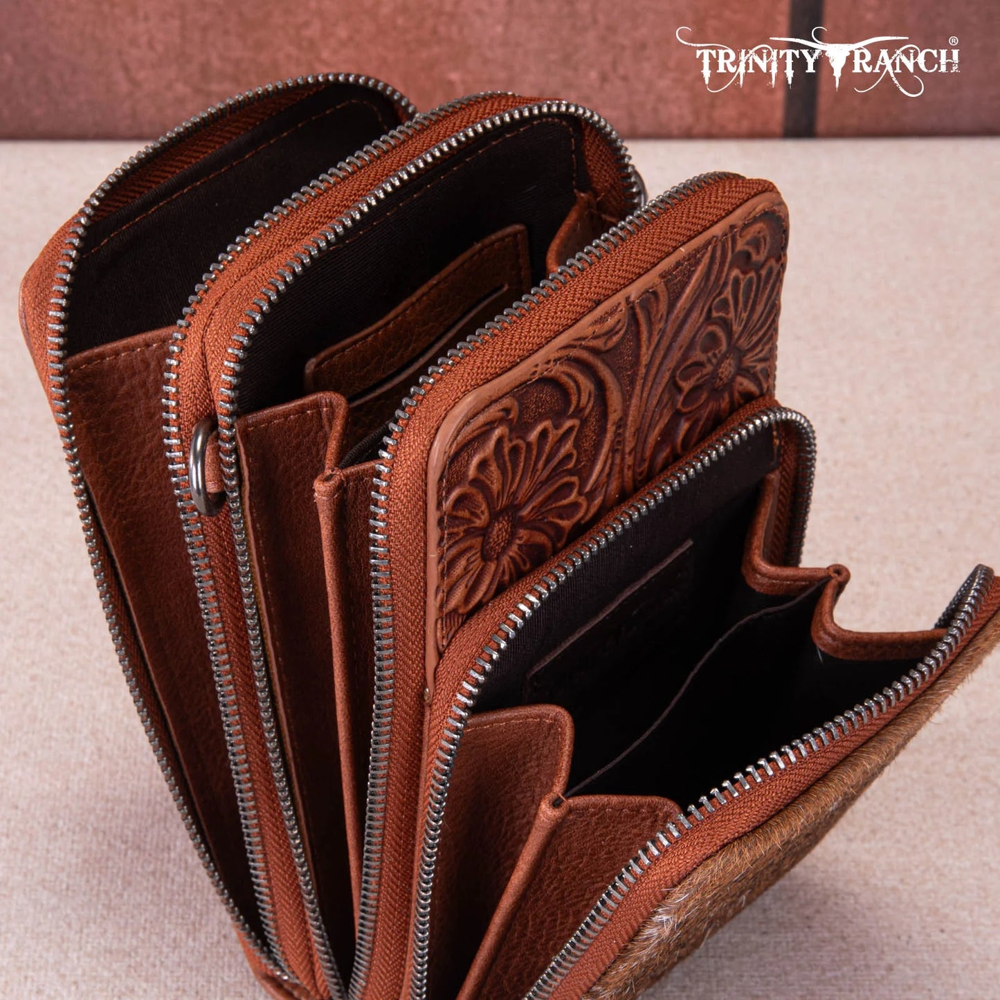 Trinity Ranch Genuine Hair-on Cowhide /tooled Collection Phone Purse With Coin Pouch Brown