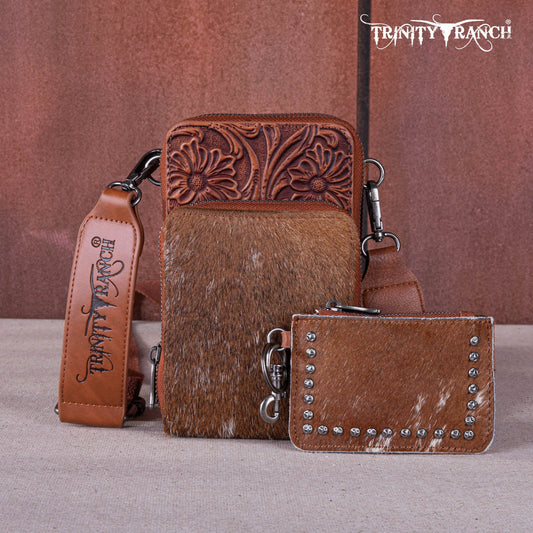Trinity Ranch Genuine Hair-on Cowhide /tooled Collection Phone Purse With Coin Pouch Brown