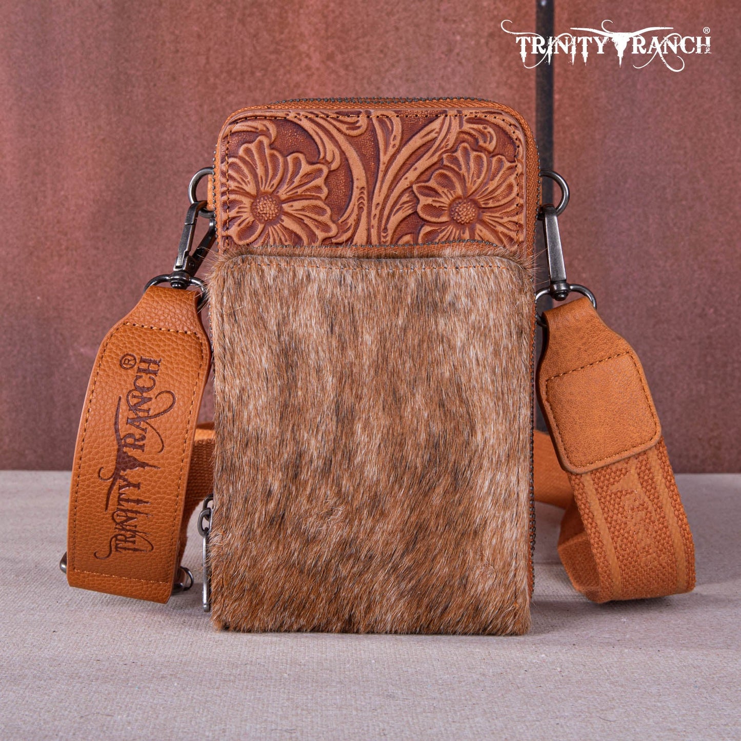 Trinity Ranch Genuine Hair-on Cowhide /tooled Collection Phone Purse With Coin Pouch Light Brown