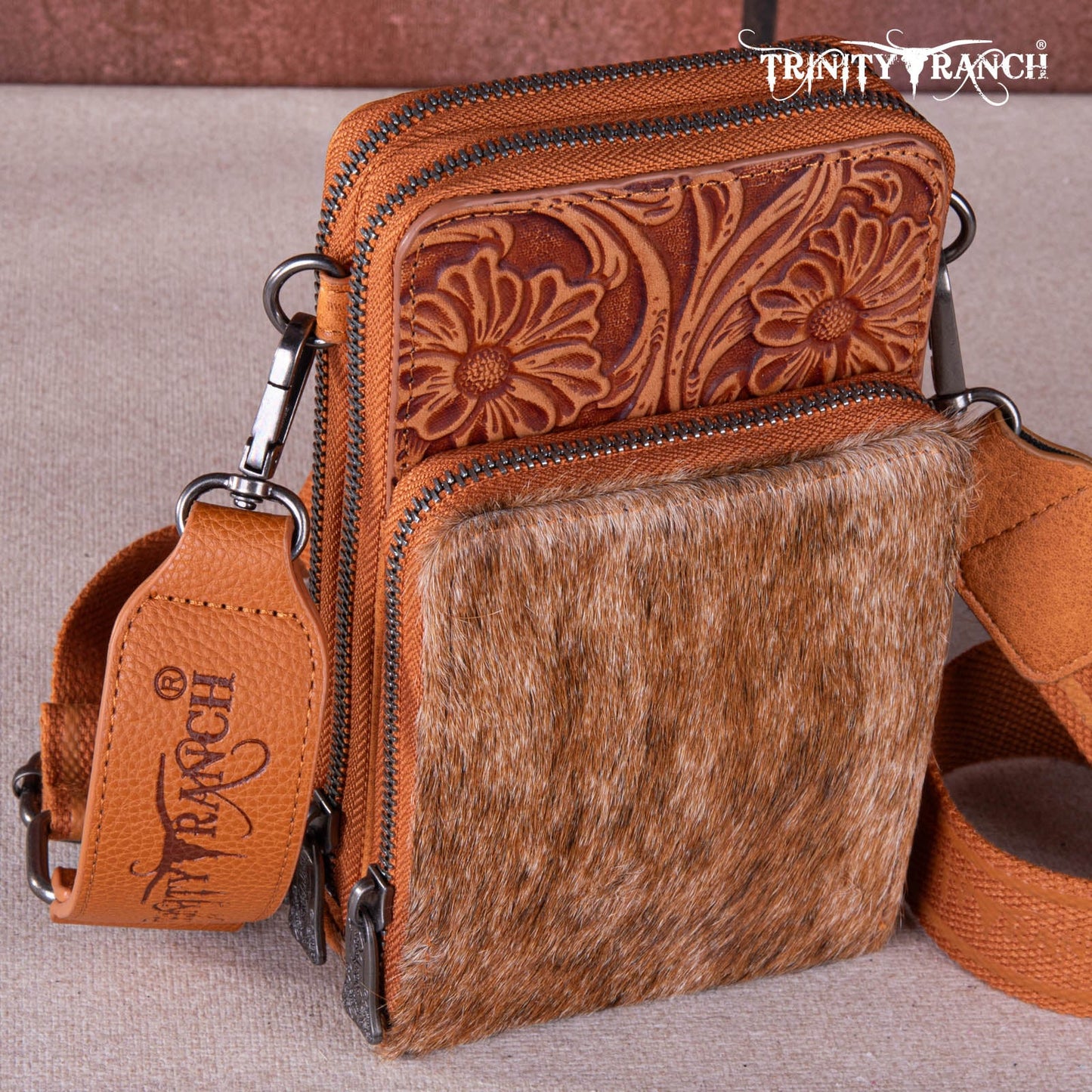 Trinity Ranch Genuine Hair-on Cowhide /tooled Collection Phone Purse With Coin Pouch Light Brown