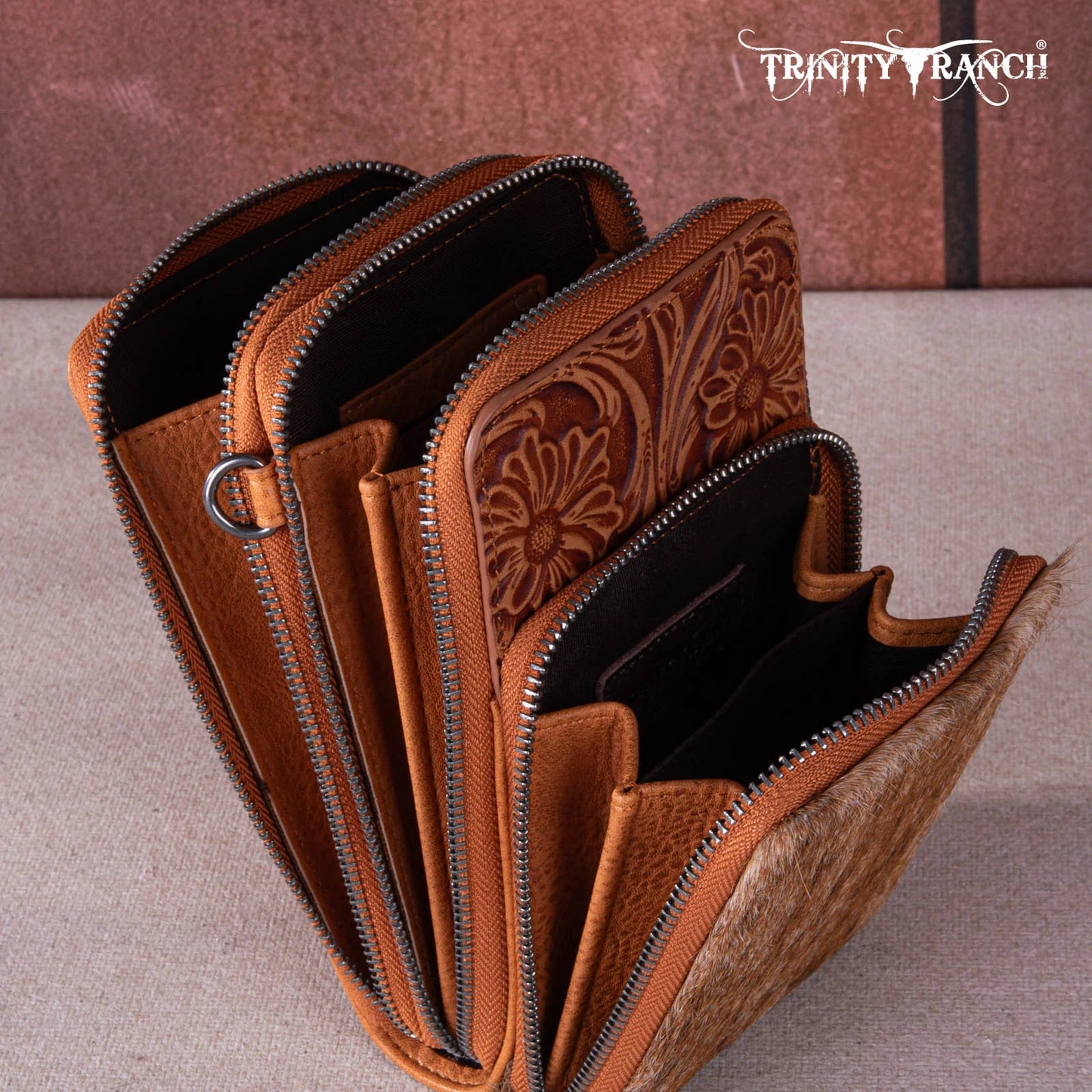 Trinity Ranch Genuine Hair-on Cowhide /tooled Collection Phone Purse With Coin Pouch Light Brown