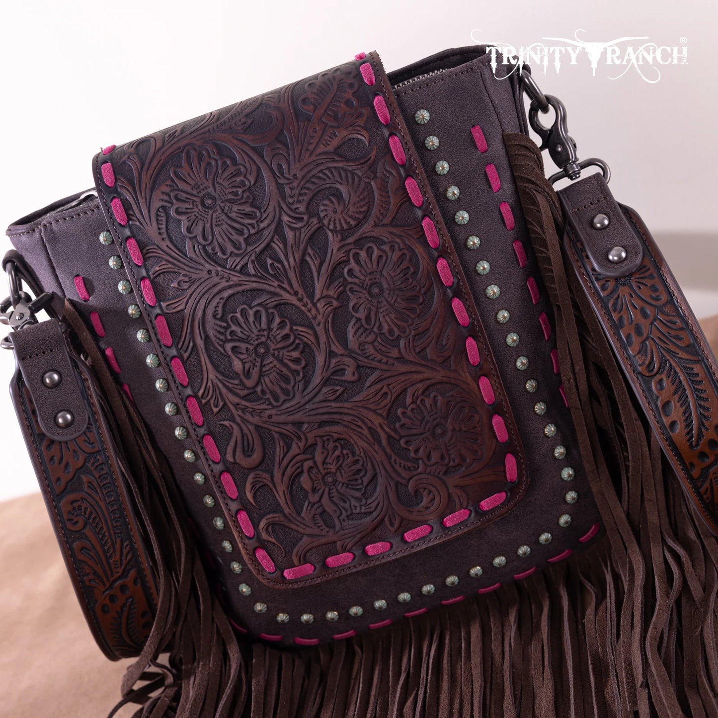 Trinity Ranch Floral Tooled Concealed Carry Crossbody Bag Coffee