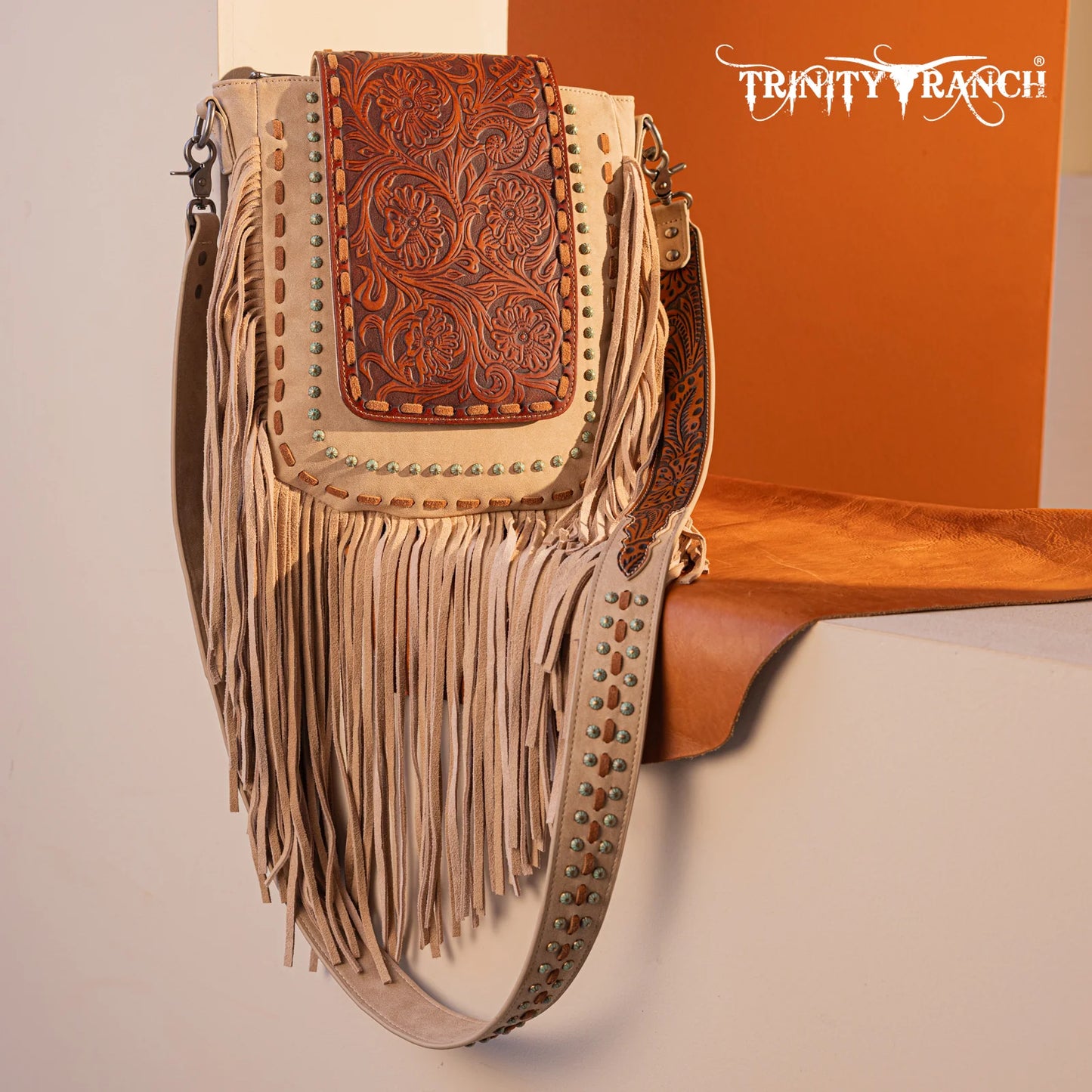 Trinity Ranch Floral Tooled Concealed Carry Crossbody Bag Tan