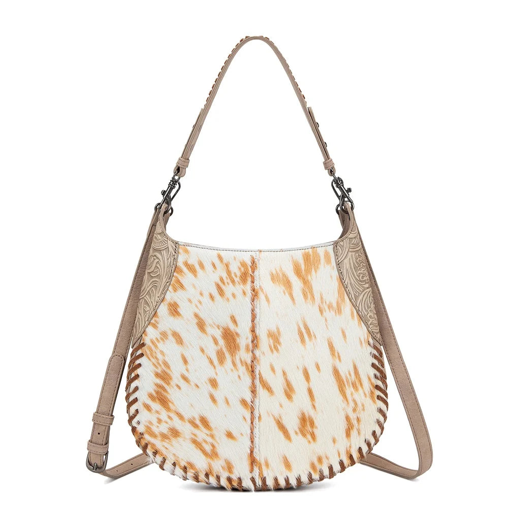 Trinity Ranch Cowhide ＆ Tooled Leather Hobo Crossbody Bag - Tan
