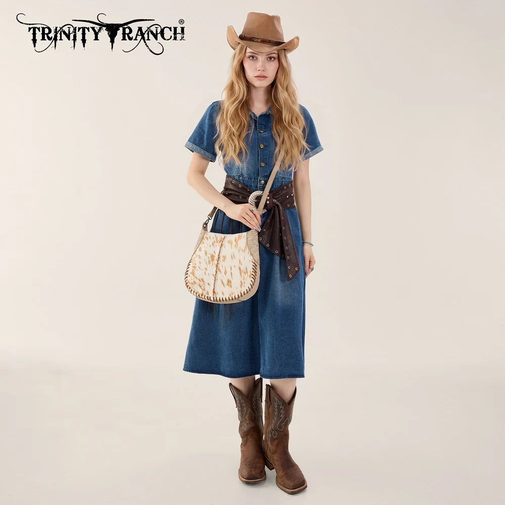 Trinity Ranch Cowhide ＆ Tooled Leather Hobo Crossbody Bag - Tan