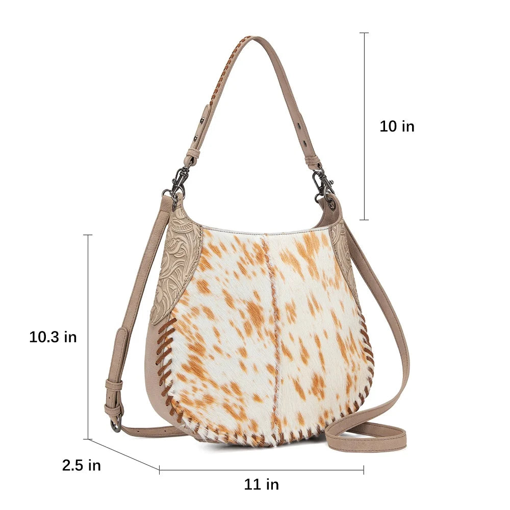 Trinity Ranch Cowhide ＆ Tooled Leather Hobo Crossbody Bag - Tan