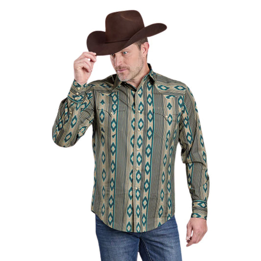 Roper Men's Long Sleeve Snap Navajo Stripes Print Blue Western Shirt
