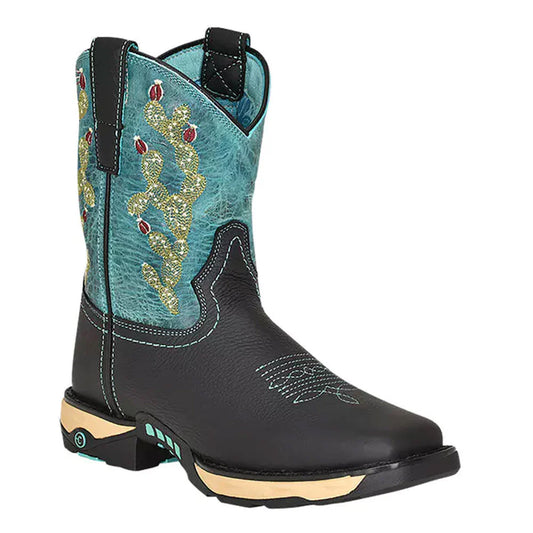 Corral Boots Ladies Farm And Ranch Dual Density Sole Square Toe Hydro Resist Boot Black/Turquoise Top Cactus