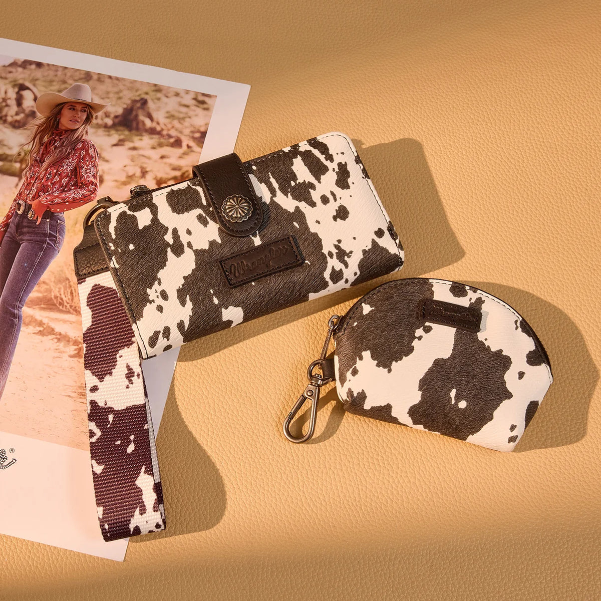 Wrangler Cow Print Wallet & Coin Pouch Wristlet Set - Coffee