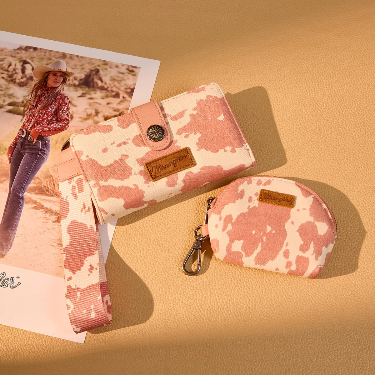 Wrangler Cow Print Wallet & Coin Pouch Wristlet Set - Dark Pink