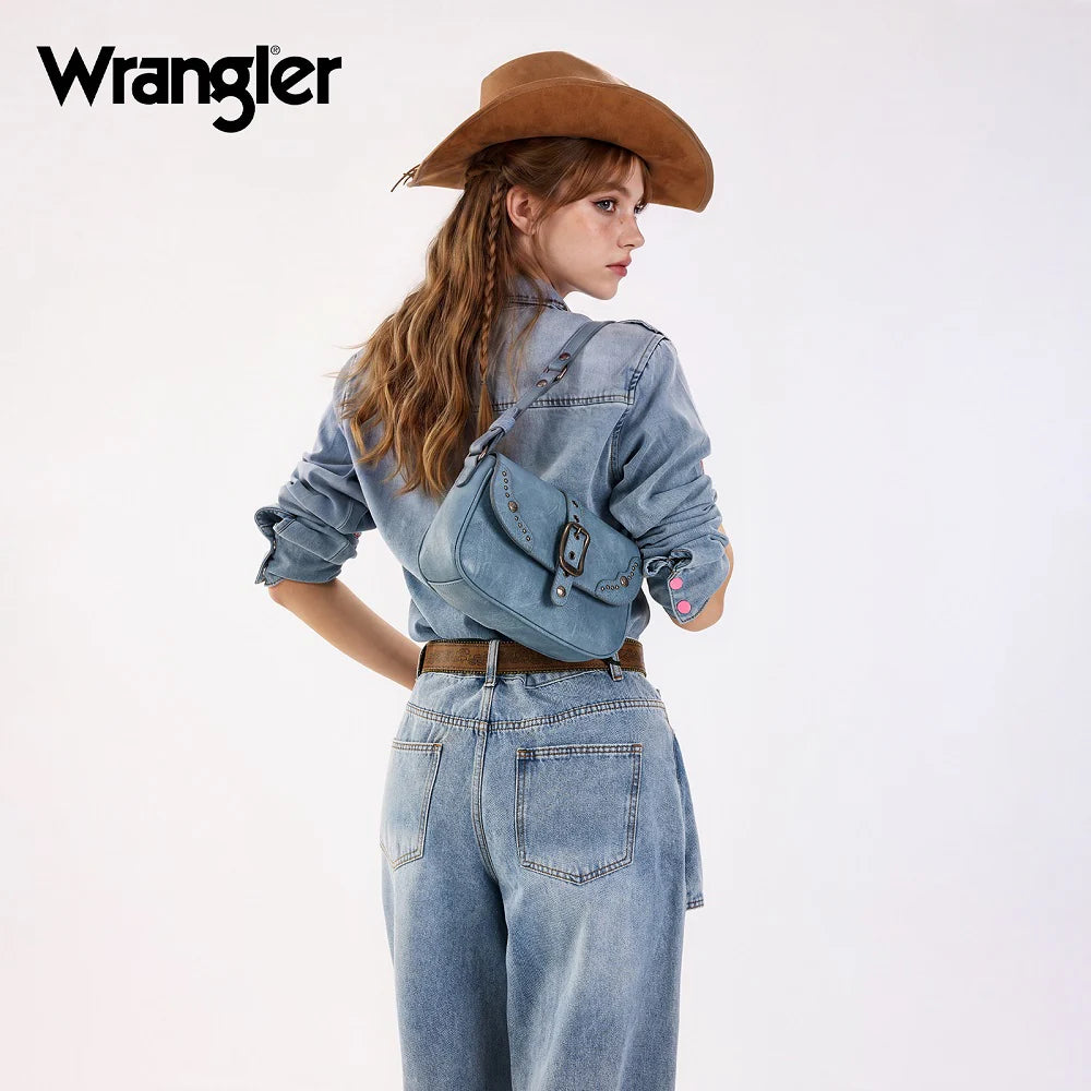 Wrangler Western Buckle Studded Shoulder Crossbody Bag - Jean