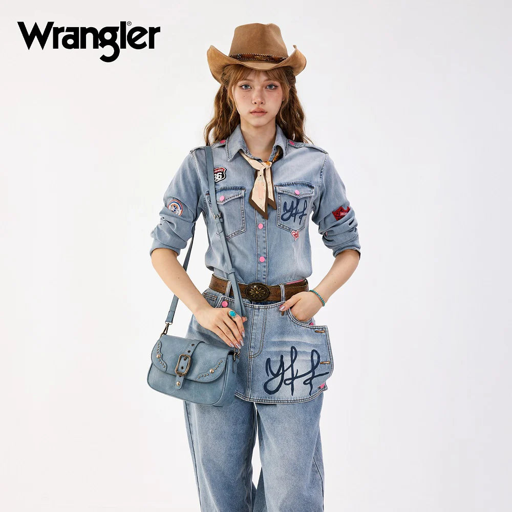 Wrangler Western Buckle Studded Shoulder Crossbody Bag - Jean