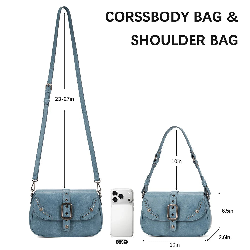 Wrangler Western Buckle Studded Shoulder Crossbody Bag - Jean