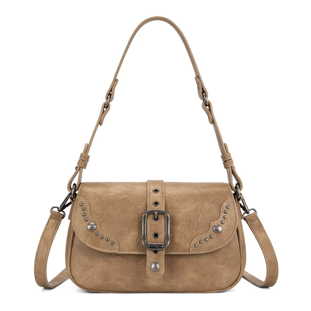 Wrangler Western Buckle Studded Shoulder Crossbody Bag - Khaki