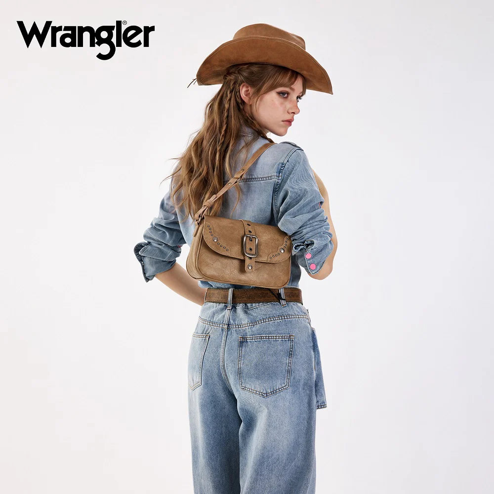 Wrangler Western Buckle Studded Shoulder Crossbody Bag - Khaki