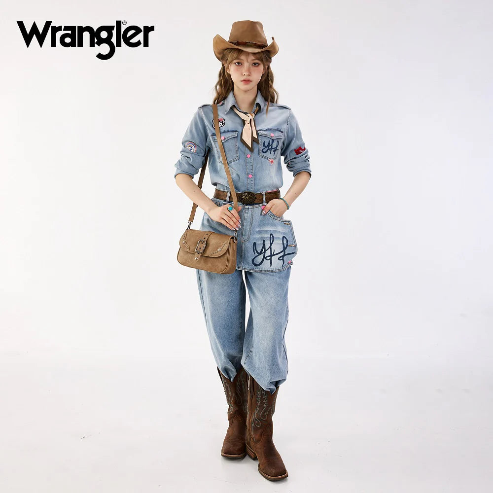 Wrangler Western Buckle Studded Shoulder Crossbody Bag - Khaki