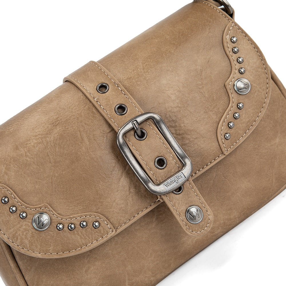 Wrangler Western Buckle Studded Shoulder Crossbody Bag - Khaki