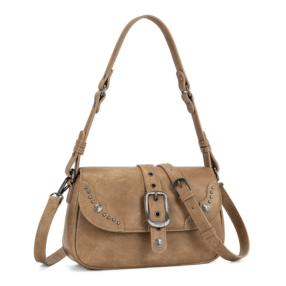 Wrangler Western Buckle Studded Shoulder Crossbody Bag - Khaki